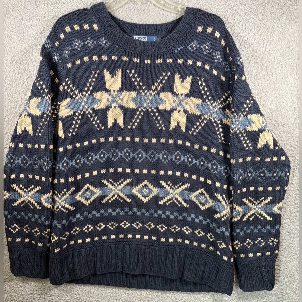 Polo Ralph Lauren Sweater Mens Large Blue Silk Wool Hand Knit Nordic Fair Isle